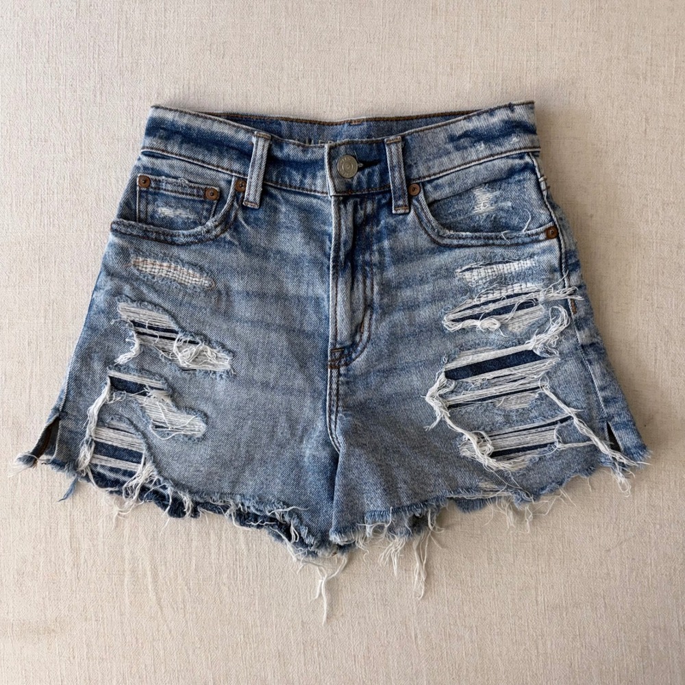 American Eagle 90s Boyfriend Shorts 000 Blue Distressed Highest Rise Denim